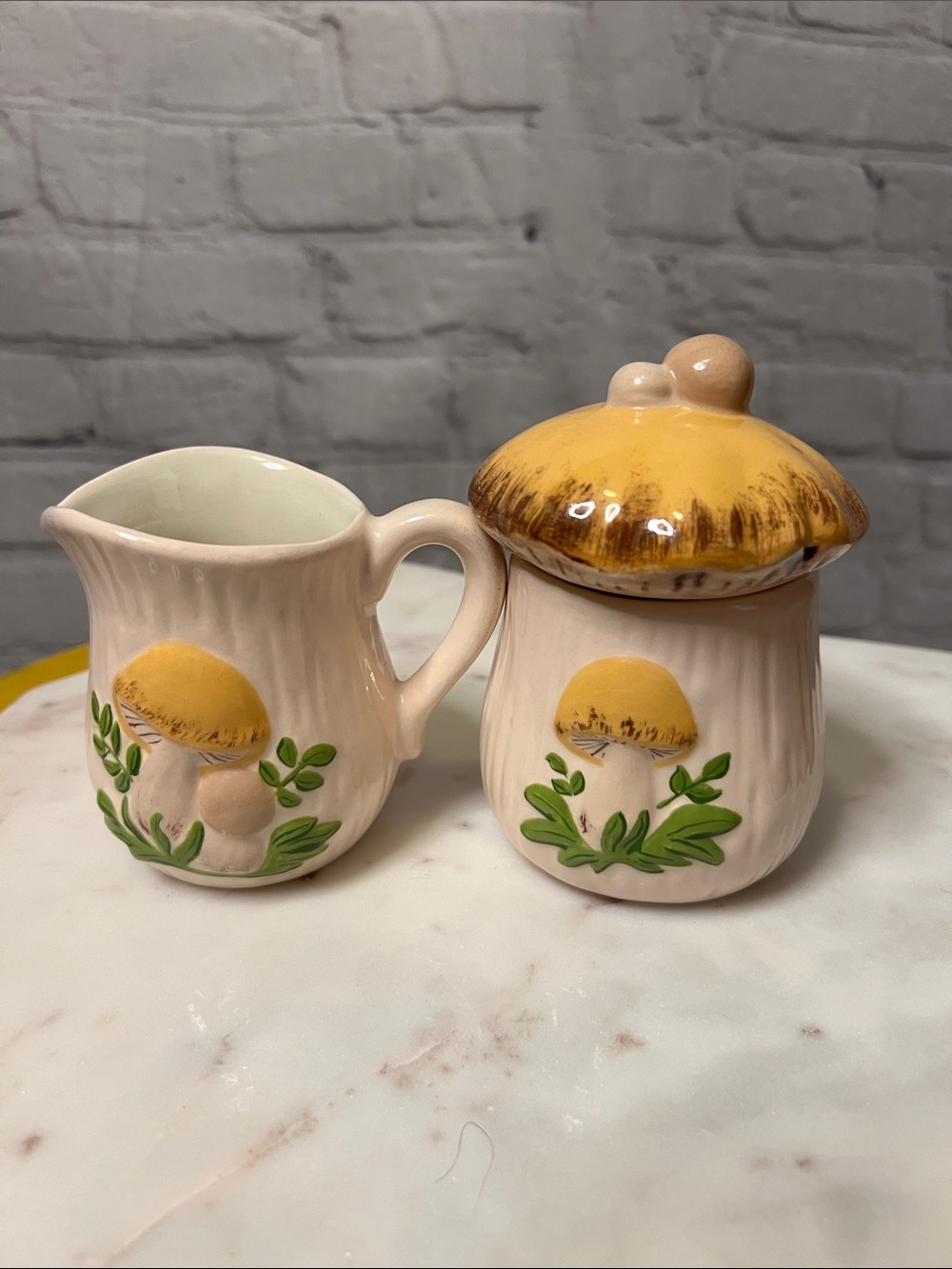 Vintage Mushroom Cream & Sugar Set Ceramic Yellow Cottagecore Retro Kitchen